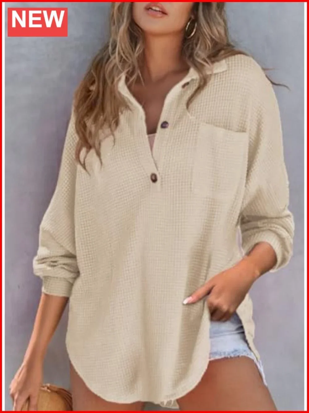 Waffle Knit Henley Top Oversized Tunic Button Down Long Sleeve
